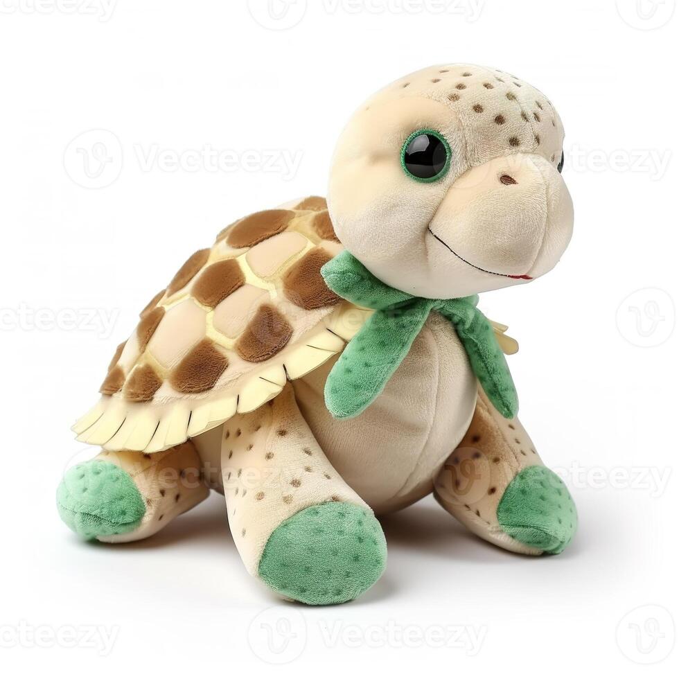 schattig schildpad dier pluche speelgoed- wit achtergrond dier pop met generatief ai foto