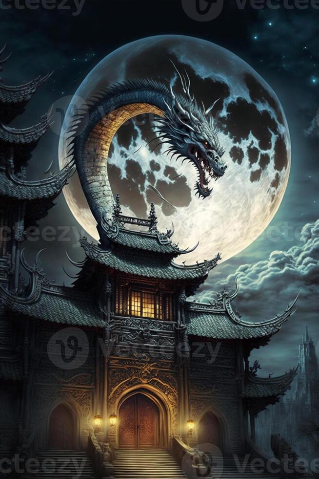draak zittend Aan top van een gebouw in voorkant van een vol maan. generatief ai. foto