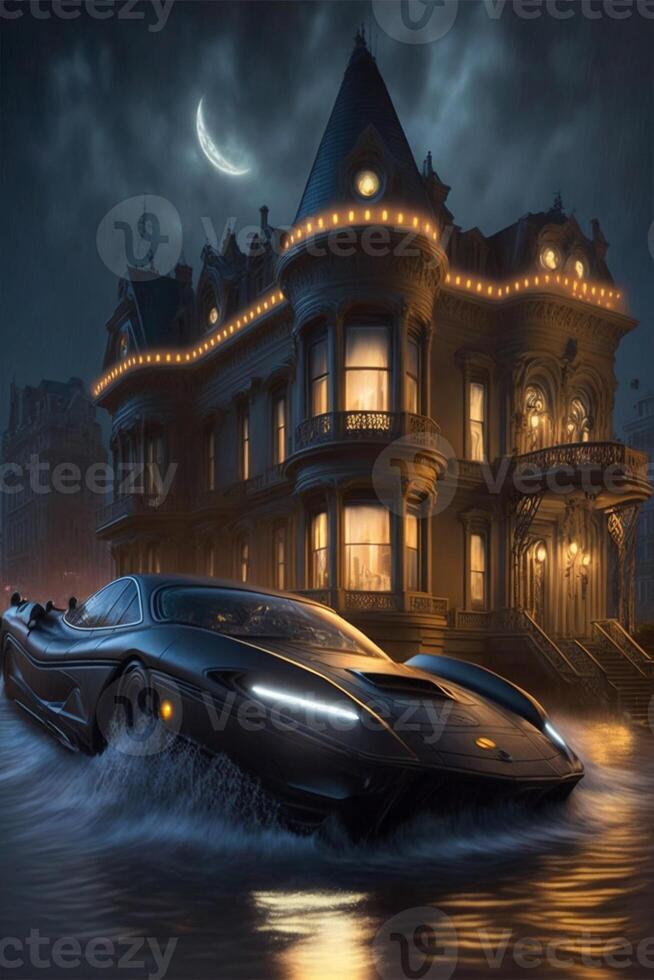 zwart sport- auto het rijden door een overstroomd straat. generatief ai. foto