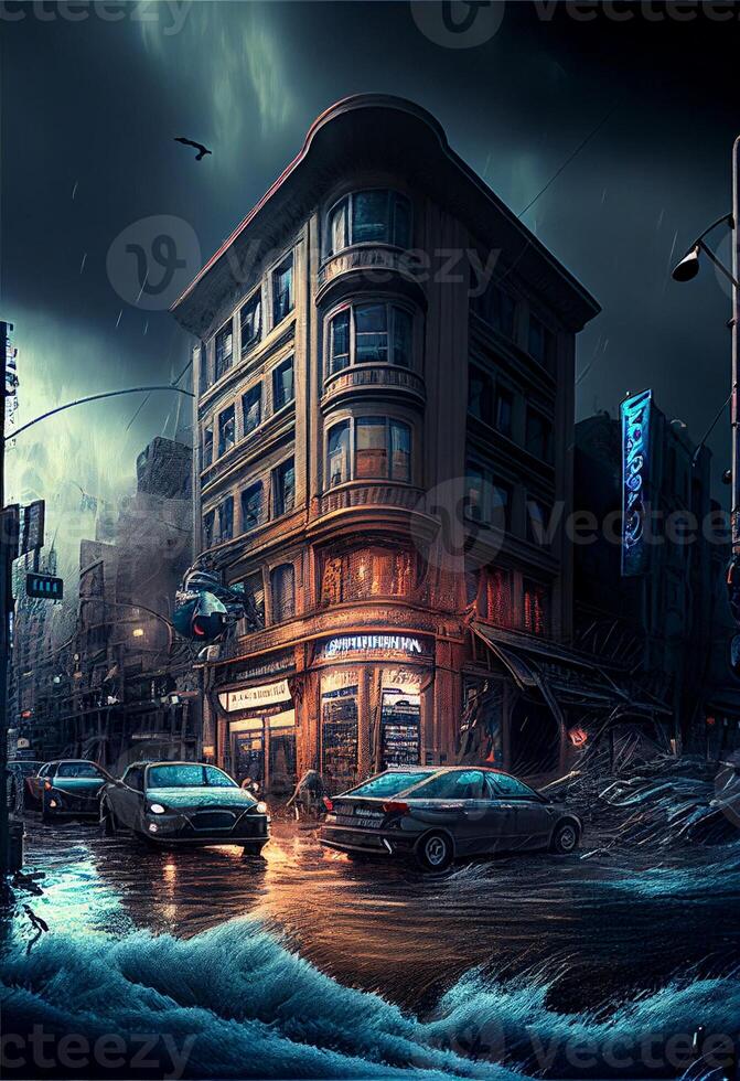 schilderij van een stad straat Bij nacht. generatief ai foto