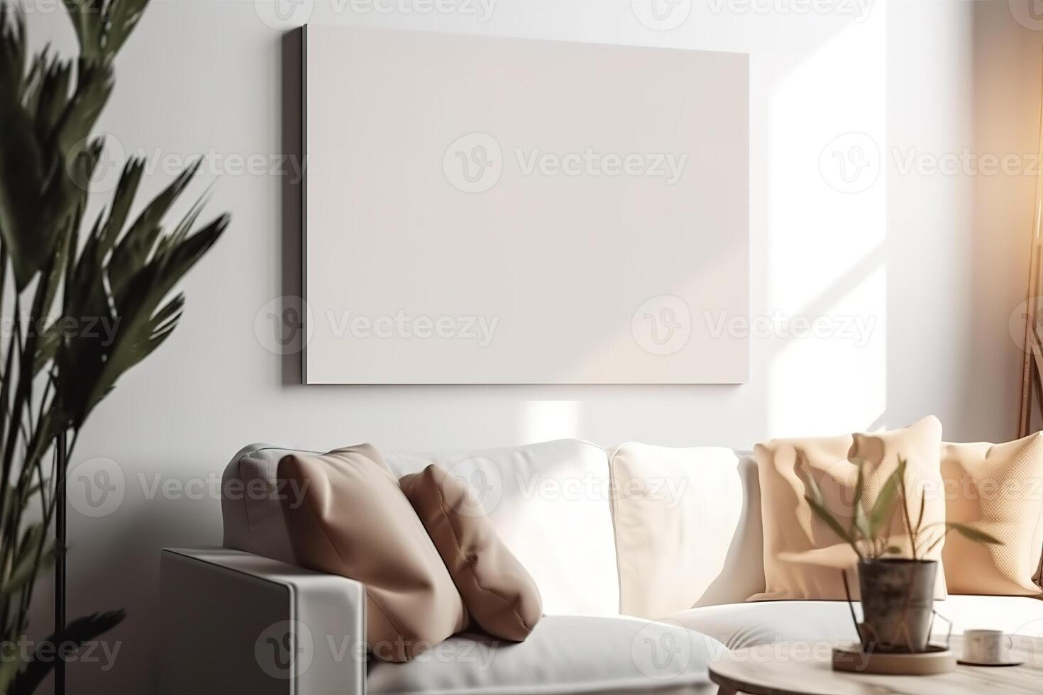 blanco wit canvas binnen van een leven kamer voor een muur kunst mockup illustratie met generatief ai foto