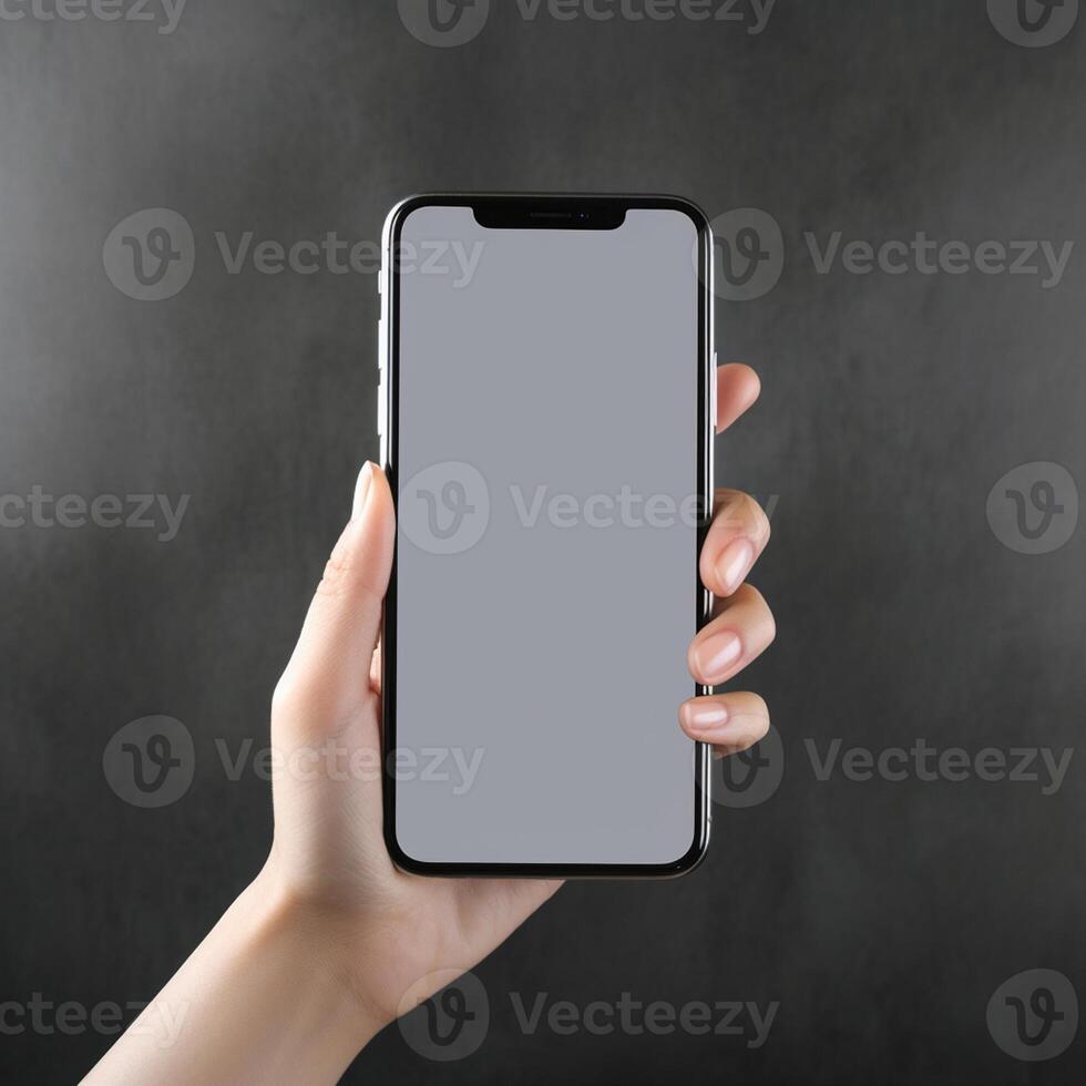 ai generatief hand- Holding smartphone met blanco scherm Aan grijs achtergrond. bespotten omhoog , foto