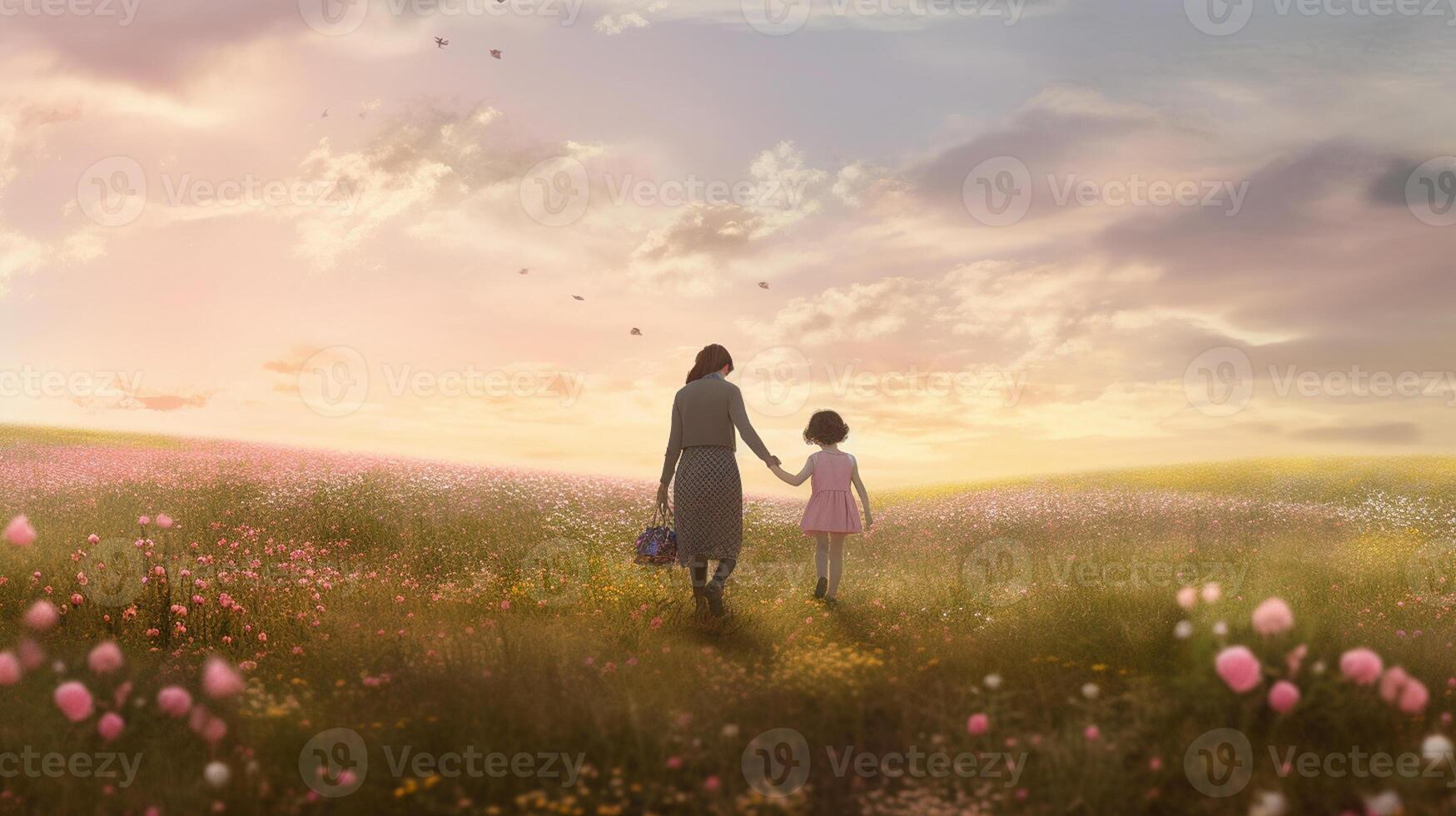 ai generatief een moeder Holding hand- van haar dochter in bloemen tuin foto