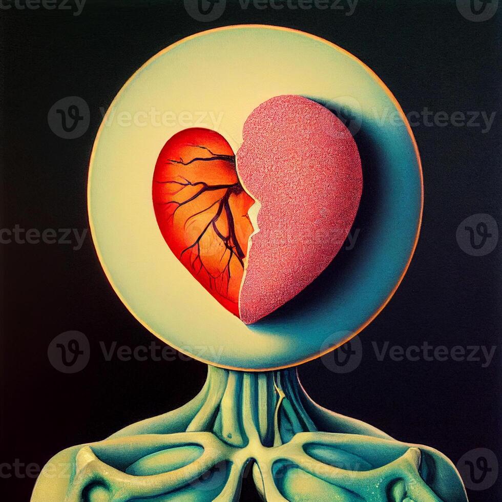 gebroken hart anatomie tekening kleurrijk surrealistische magritte. generatief ai foto