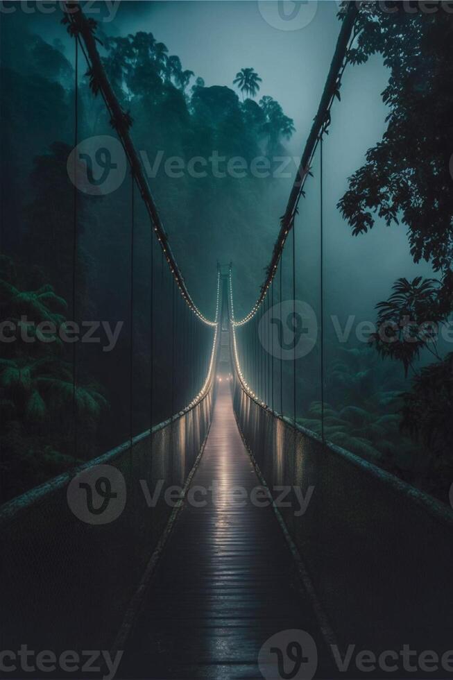 lang suspensie brug in de midden- van een Woud. generatief ai. foto