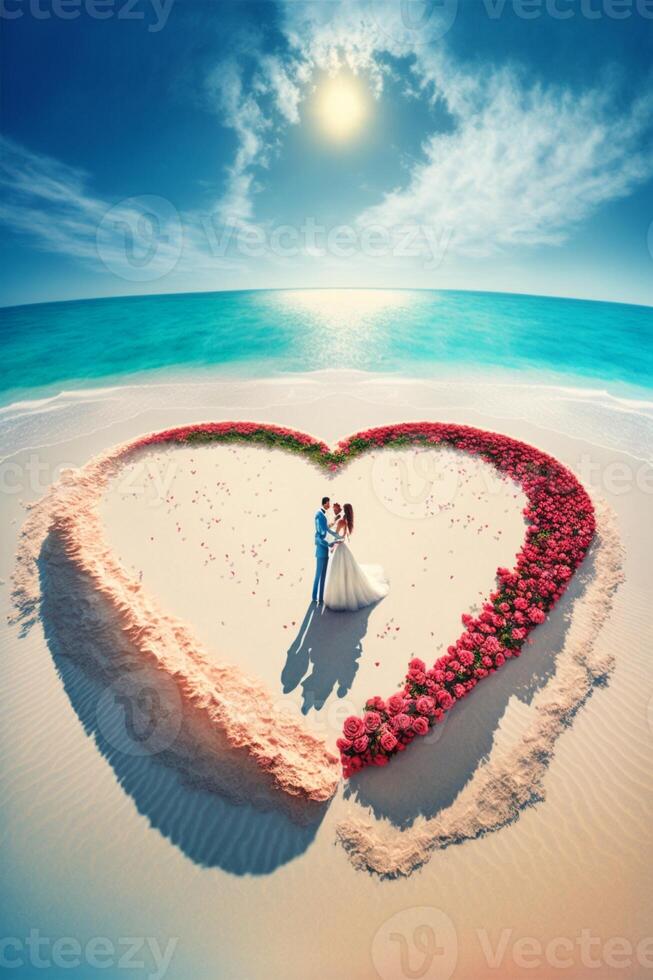 bruid en bruidegom staand in de vorm van een hart Aan de strand. generatief ai. foto