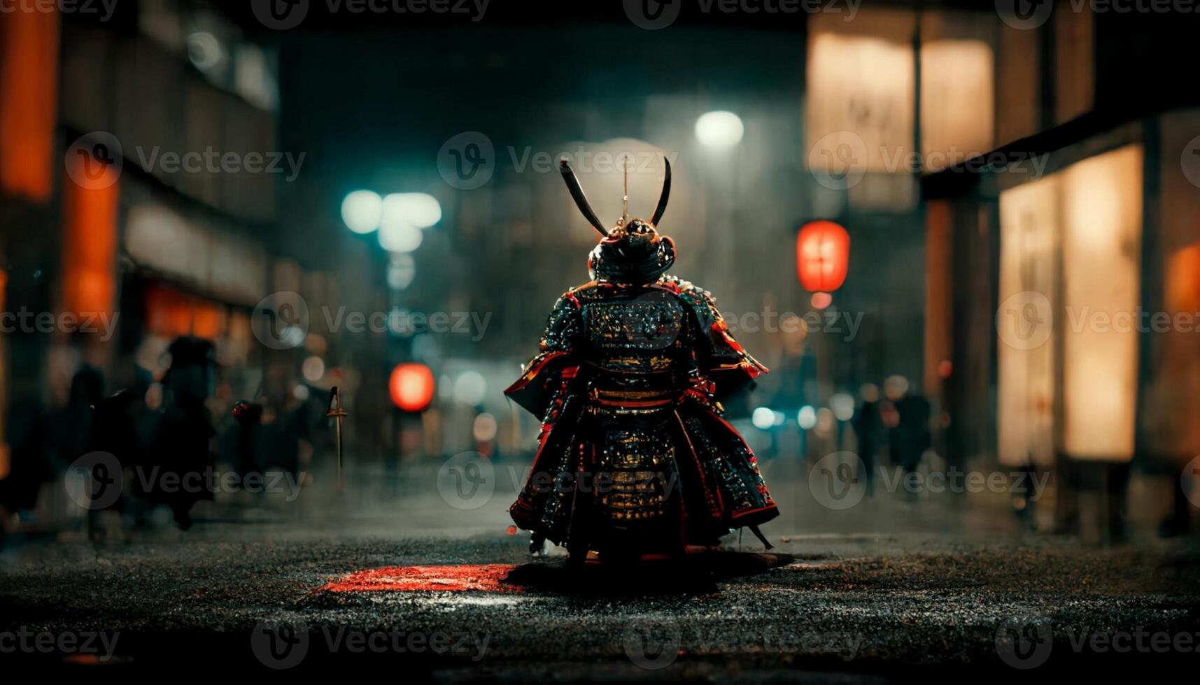 samurai staand in de midden- van een straat Bij nacht. generatief ai. foto