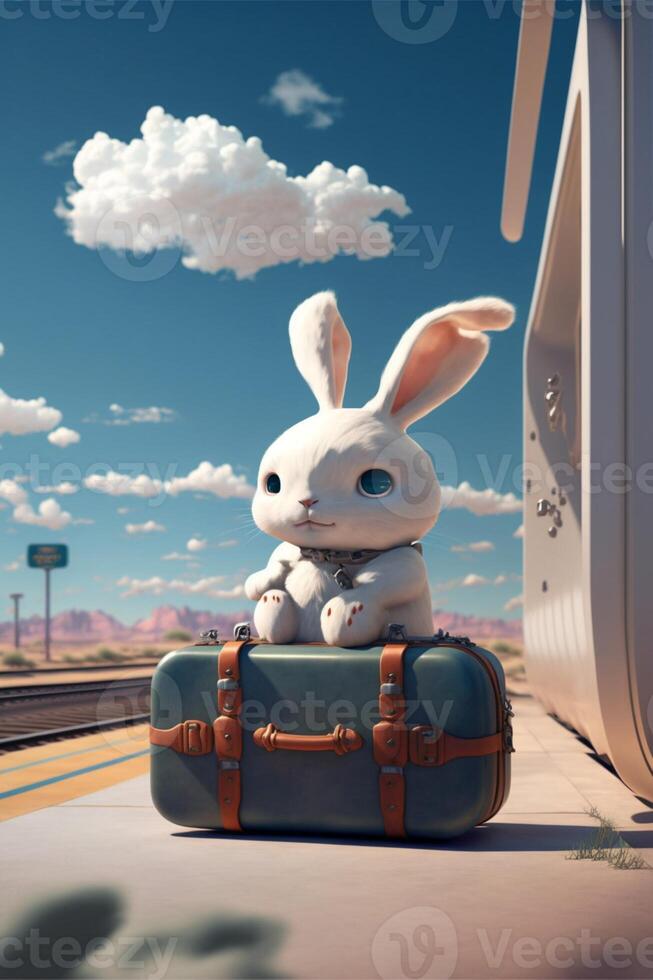 wit konijn zittend Aan top van een blauw koffer. generatief ai. foto