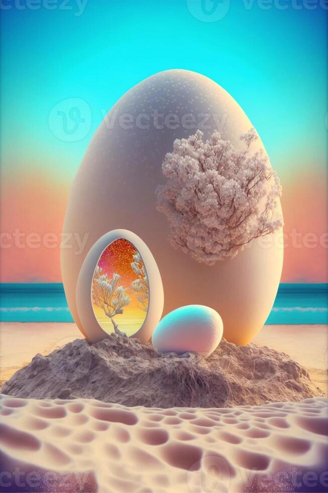 wit ei zittend Aan top van een zanderig strand. generatief ai. foto