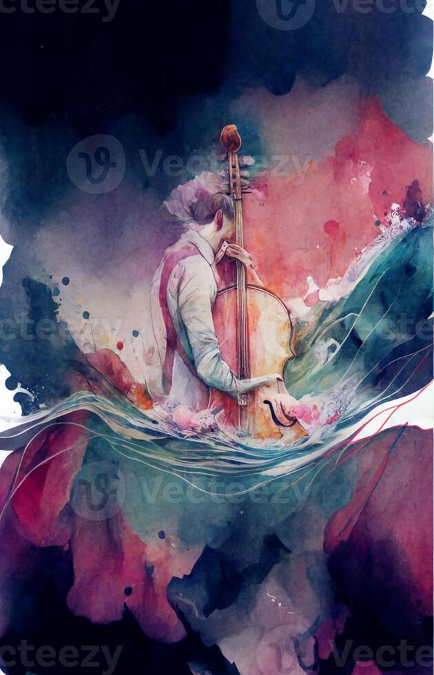 waterverf schilderij van een Mens spelen een cello. generatief ai. foto