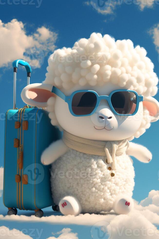 schapen met zonnebril en een koffer in de lucht. generatief ai. foto