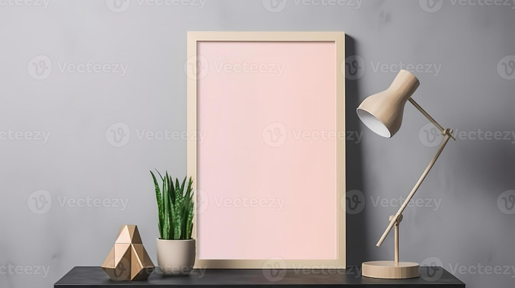 mockup foto kader groen muur gemonteerd Aan de houten kastje. generatief ai