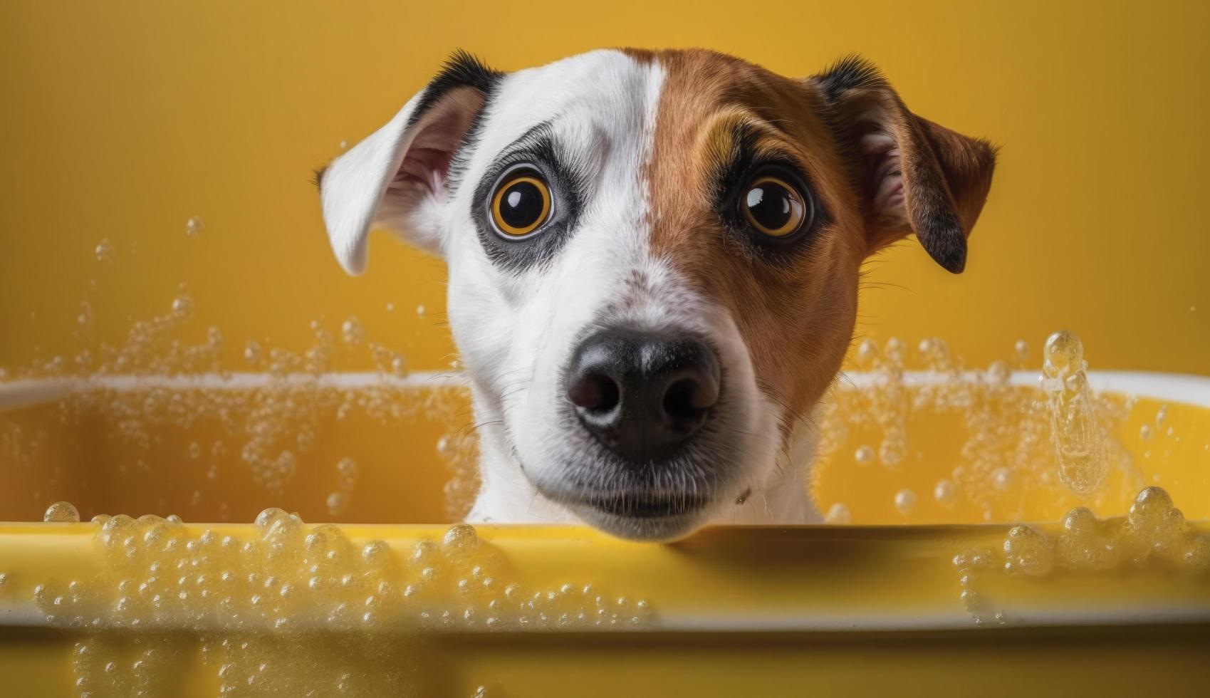 nieuwsgierig geïnteresseerd hond looks in camera in bad, huisdieren schoonmaak . jack Russell terriër detailopname portret Aan geel achtergrond. grappig huisdier, genereren ai foto