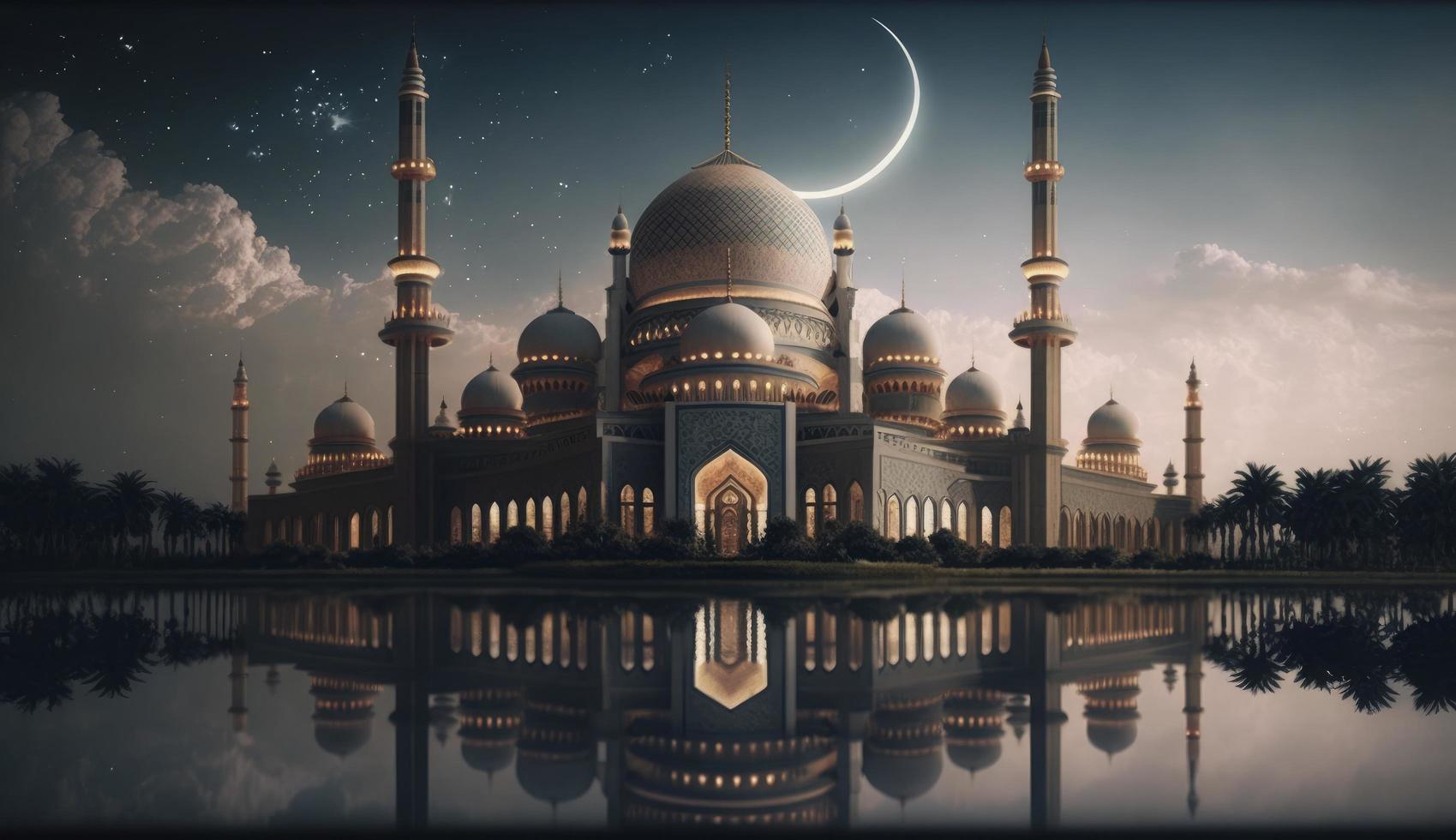 illustratie van verbazingwekkend architectuur ontwerp van moslim moskee Ramadan kareem, Islamitisch architectuur achtergrond Ramadan kareem, Islamitisch moskee, ramdan, ramzan, eid, cultuur, arabisch, genereren ai foto