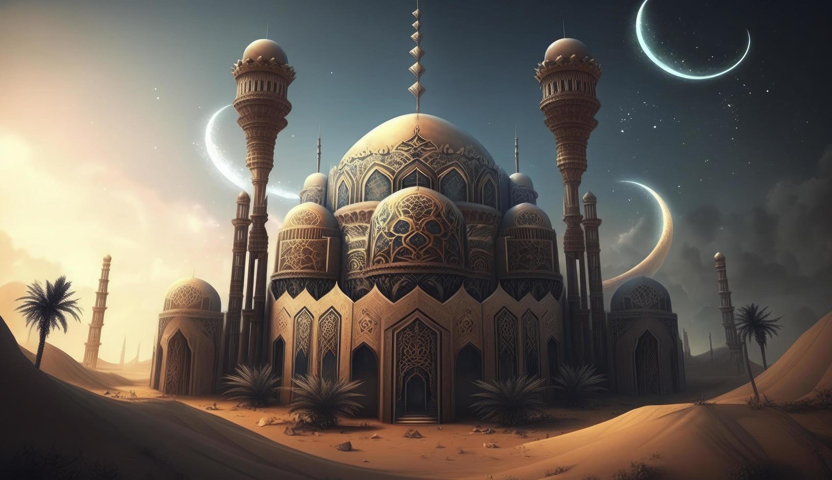 illustratie van verbazingwekkend architectuur ontwerp van moslim moskee Ramadan kareem, Islamitisch architectuur achtergrond Ramadan kareem, Islamitisch moskee, ramdan, ramzan, eid, cultuur, arabisch, genereren ai foto