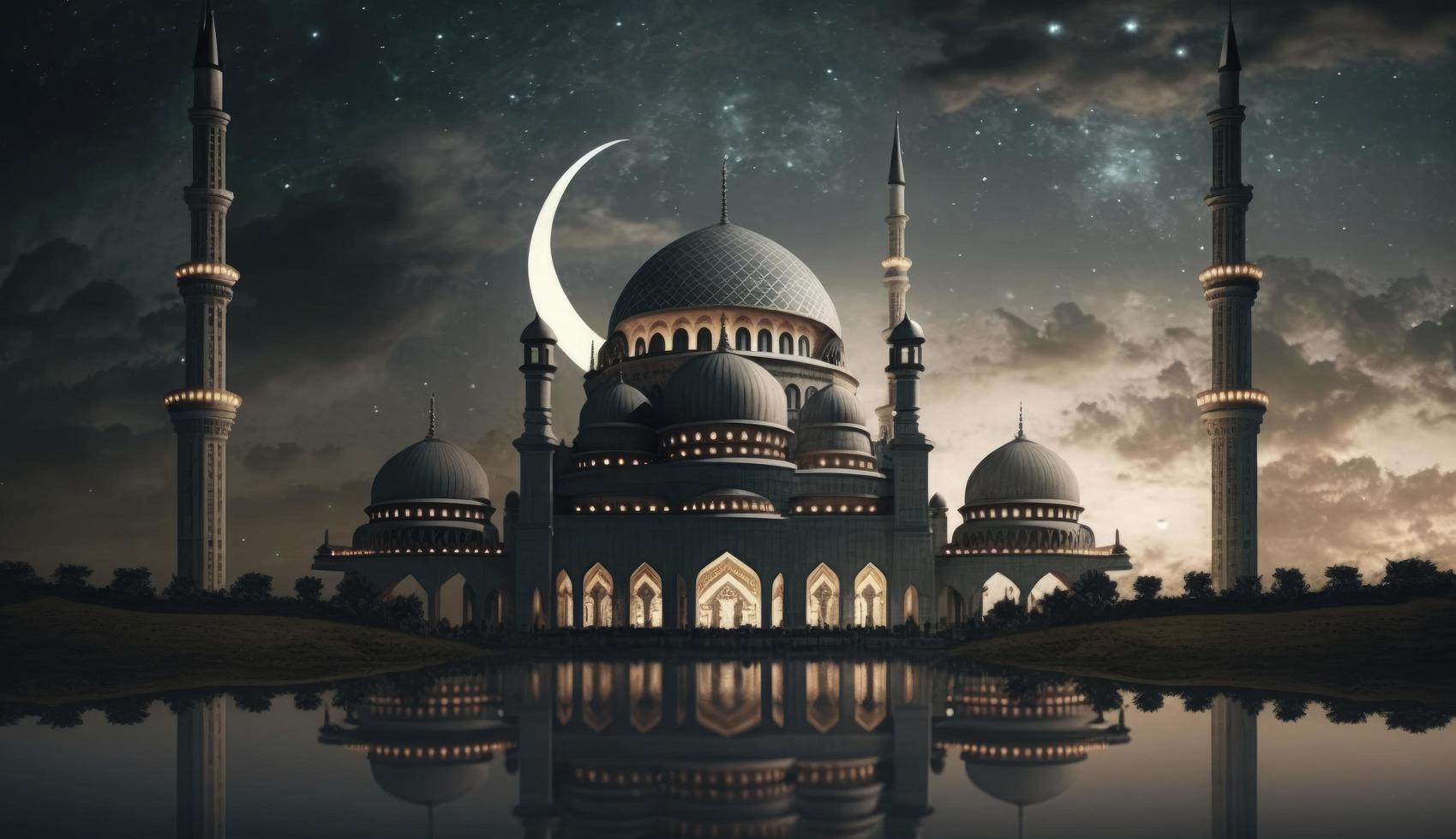 illustratie van verbazingwekkend architectuur ontwerp van moslim moskee Ramadan kareem, Islamitisch architectuur achtergrond Ramadan kareem, Islamitisch moskee, ramdan, ramzan, eid, cultuur, arabisch, genereren ai foto