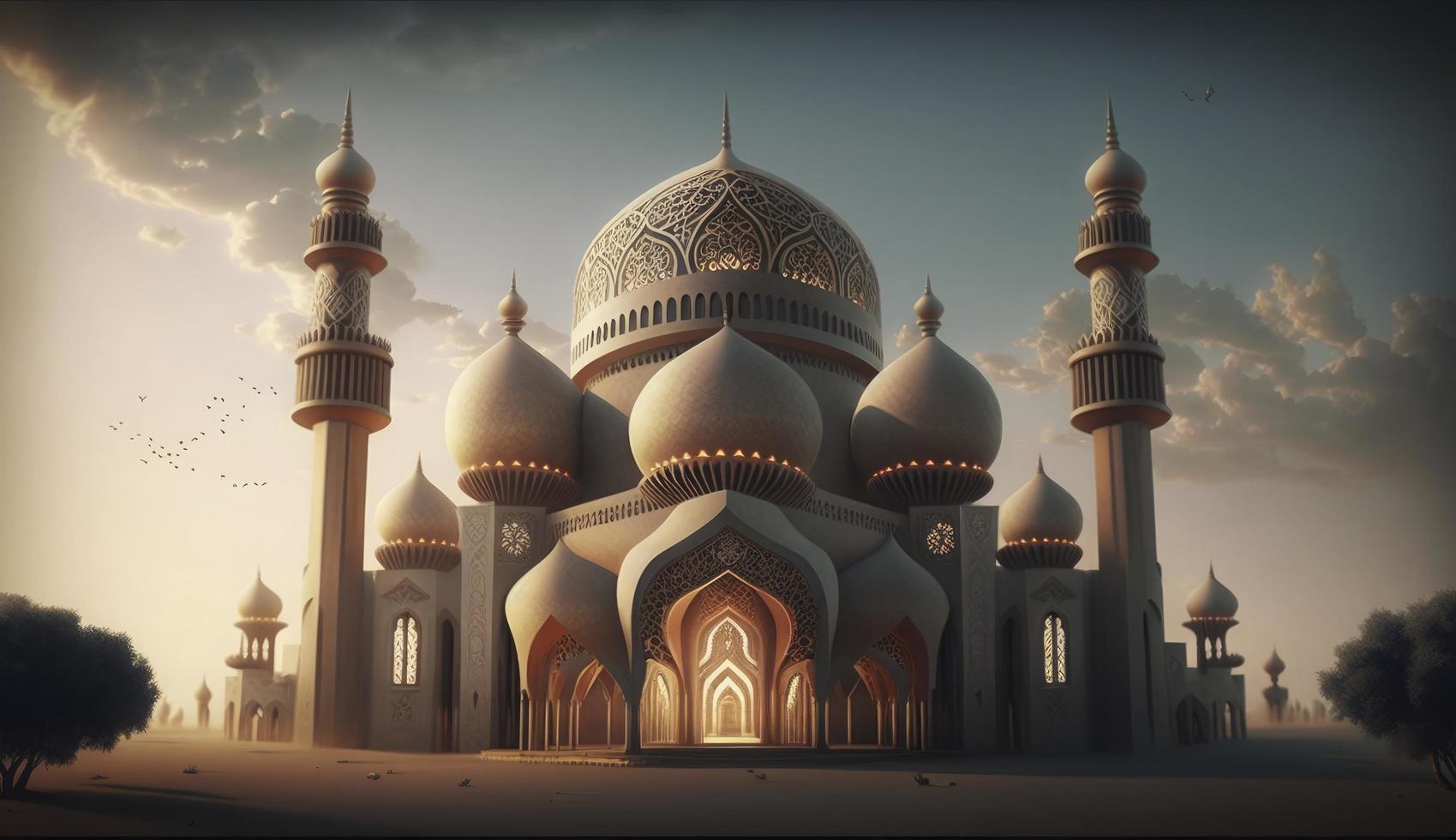 illustratie van verbazingwekkend architectuur ontwerp van moslim moskee Ramadan kareem, Islamitisch architectuur achtergrond Ramadan kareem, Islamitisch moskee, ramdan, ramzan, eid, cultuur, arabisch, genereren ai foto