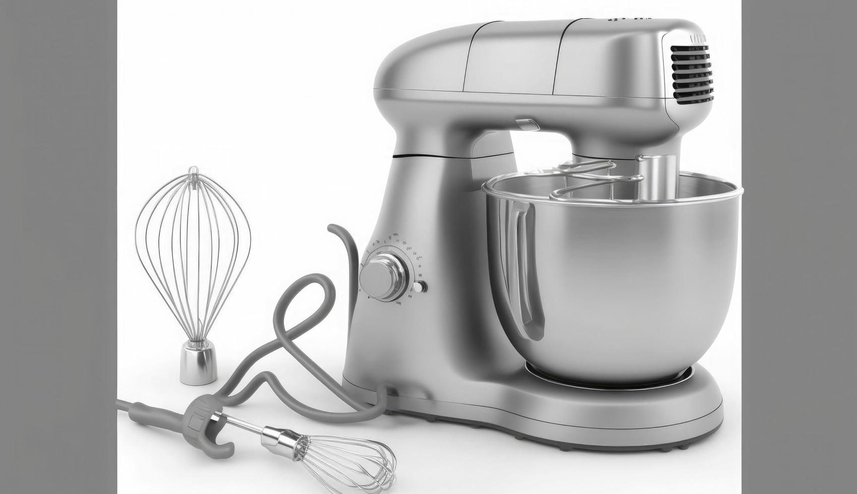 zilver voedsel bewerker met vliegenmepper Aan wit achtergrond geïsoleerd, keuken elektrisch mixer, modern keuken toestel voor Koken, genereren ai foto