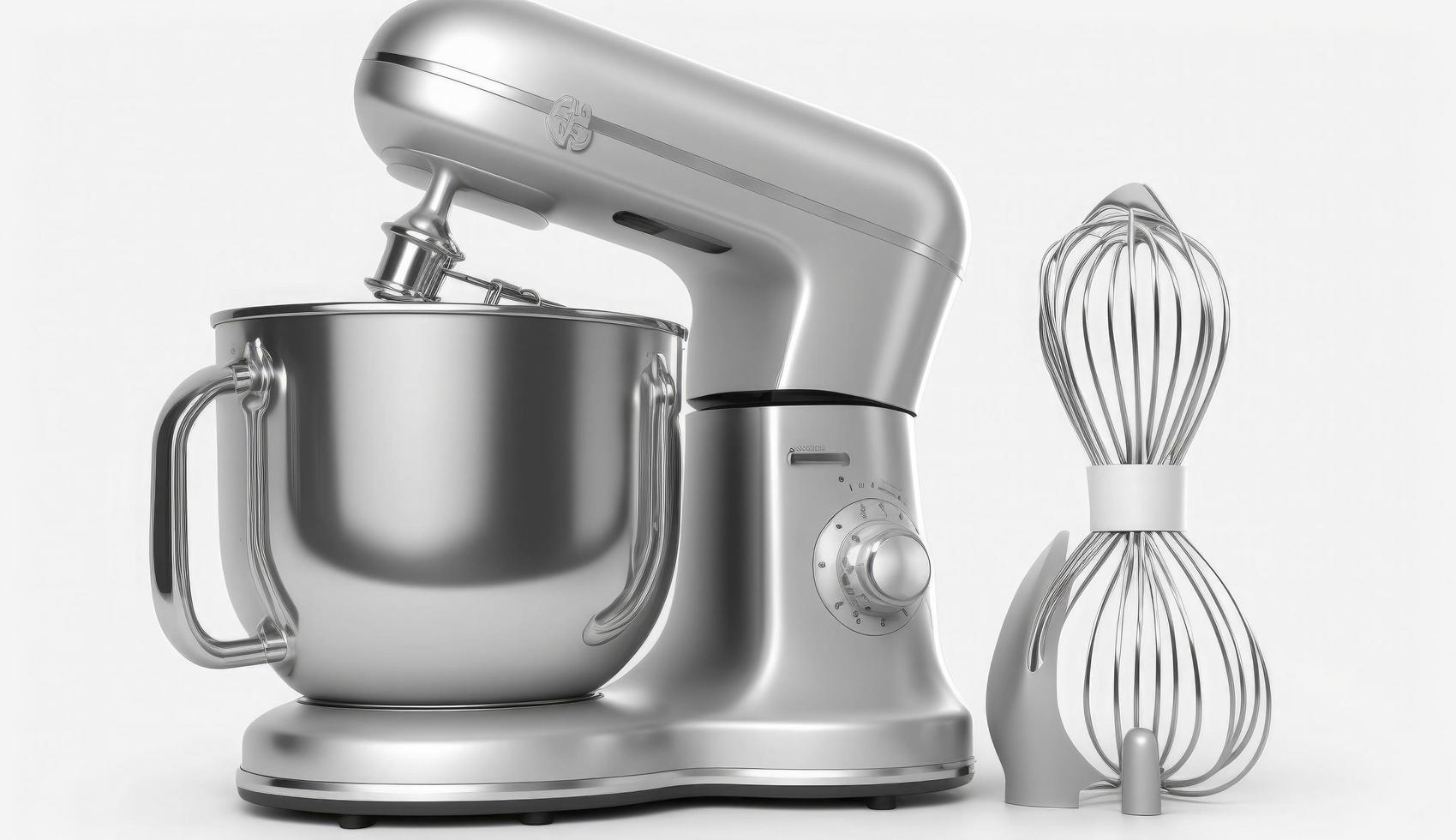 zilver voedsel bewerker met vliegenmepper Aan wit achtergrond geïsoleerd, keuken elektrisch mixer, modern keuken toestel voor Koken, genereren ai foto