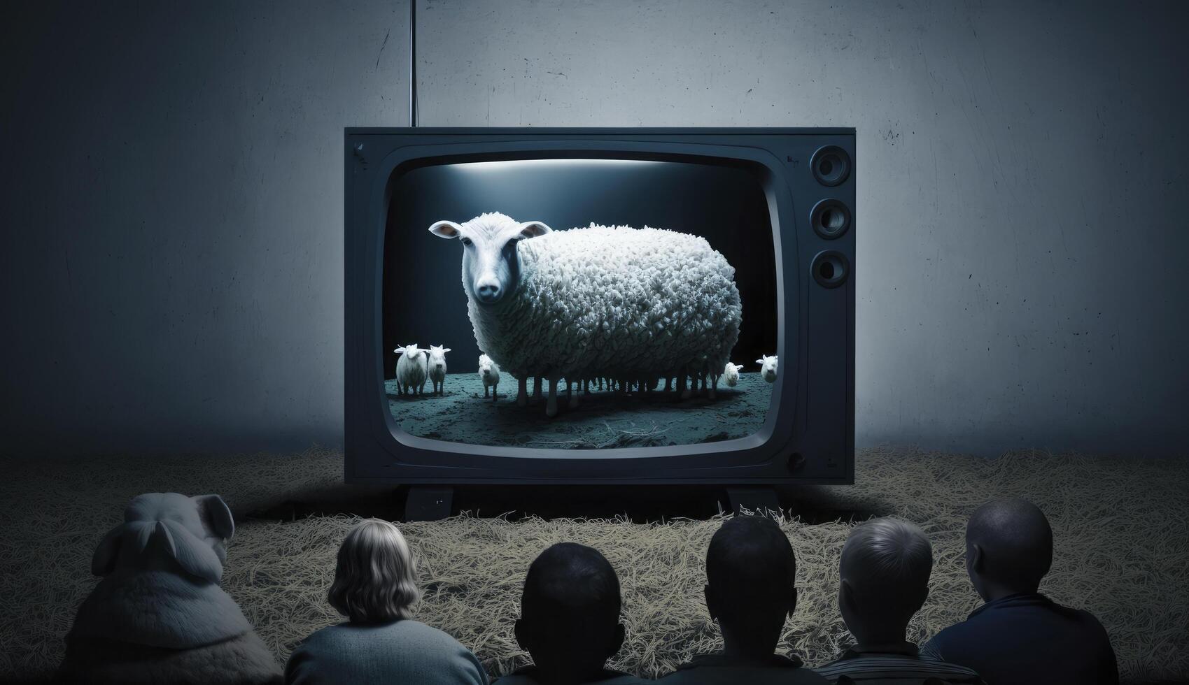 concept van propaganda en nep nieuws, TV verslaving. schaap aan het kijken TV in donker kamer. politici manipuleren de bevolking. gemaakt met generatief ai foto