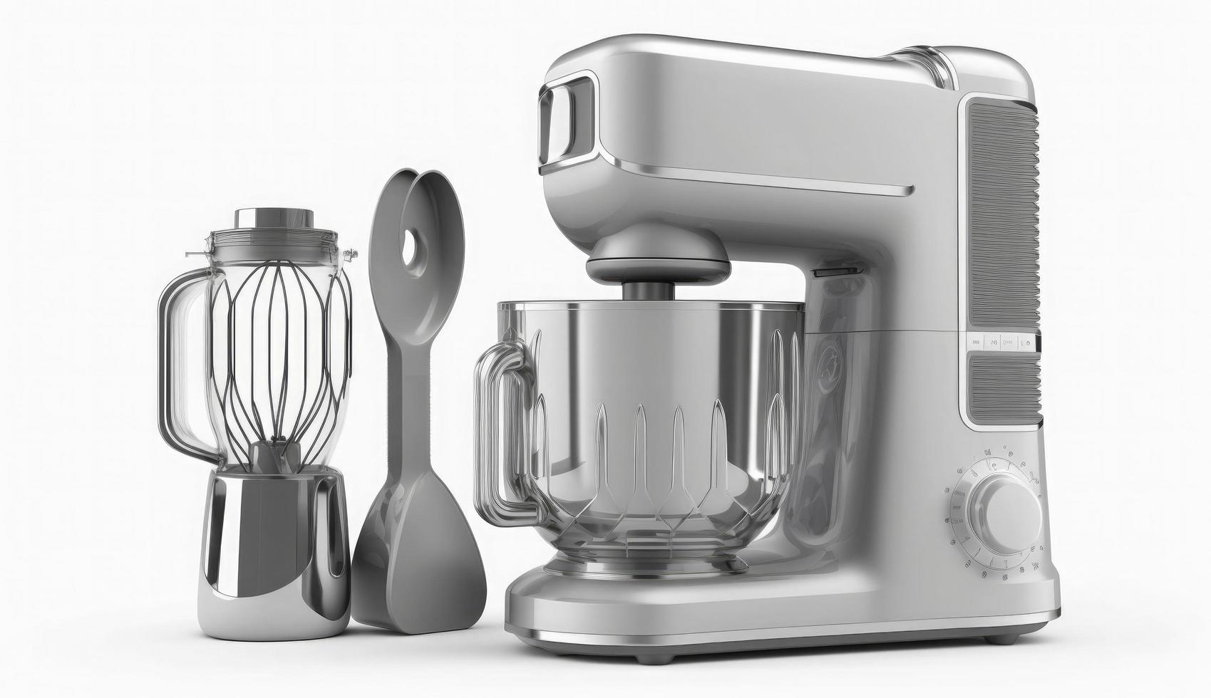 zilver voedsel bewerker met vliegenmepper Aan wit achtergrond geïsoleerd, keuken elektrisch mixer, modern keuken toestel voor Koken, genereren ai foto