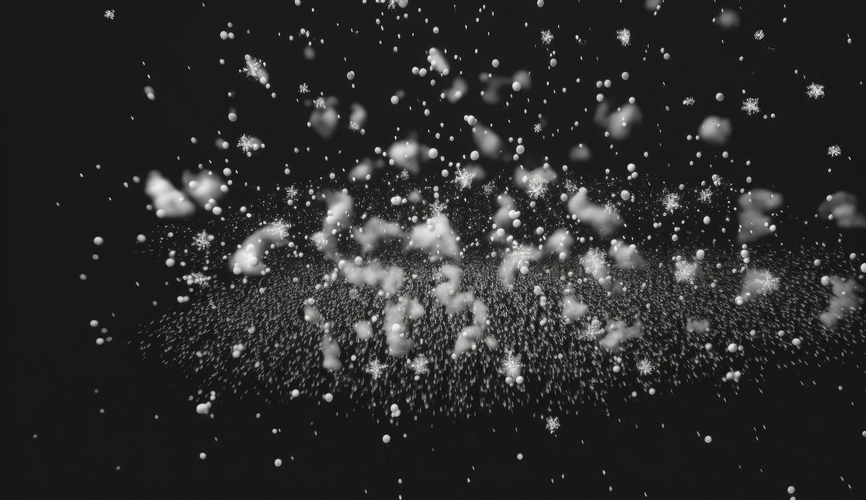 sneeuwvlokken vallend naar beneden Aan zwart achtergrond, zwaar sneeuw vlokken geïsoleerd, vliegend regenen, bedekking effect voor samenstelling, genereren ai foto