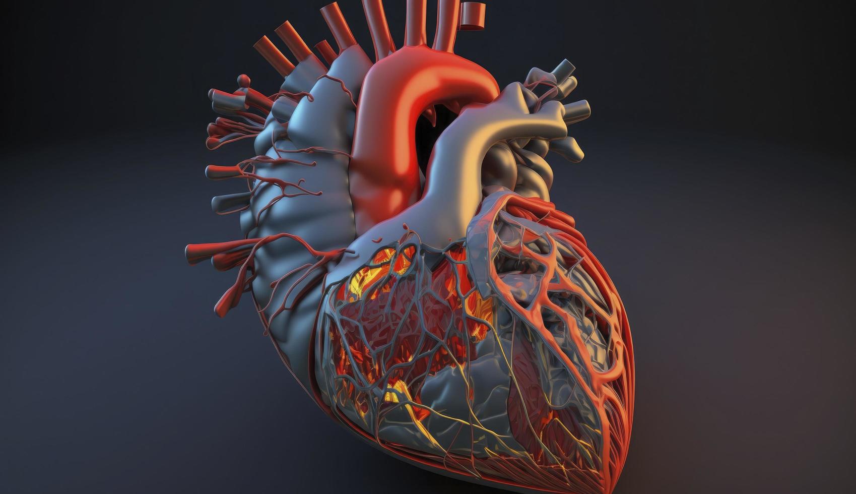 menselijk hart, 3d realistisch geïsoleerd. anatomisch correct hart met vasculair systeem, menselijk hart, hart - intern orgaan, illustratie, drie dimensionaal, genereren ai foto