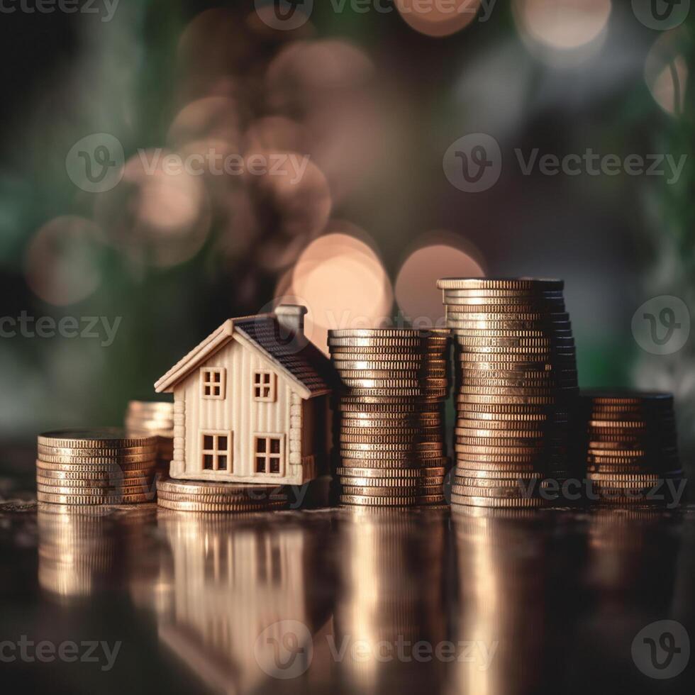 ai generatief huis model- en munt stack Aan houten tafel met bokeh achtergrond , besparing geld voor kopen een huis concept. foto