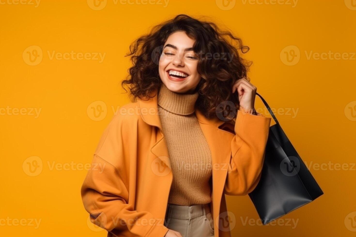 ai generatief gelukkig jong vrouw in geel jas Holding boodschappen doen Tassen geïsoleerd Aan geel achtergrond foto