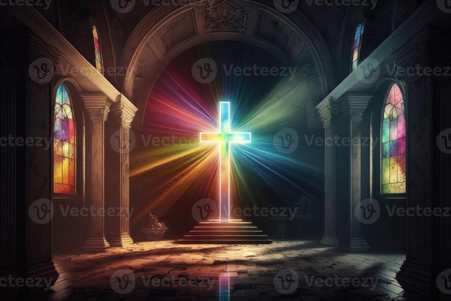 ai gegenereerd christen kerk met een religieus kruis en aura licht in de geheel kamer. foto