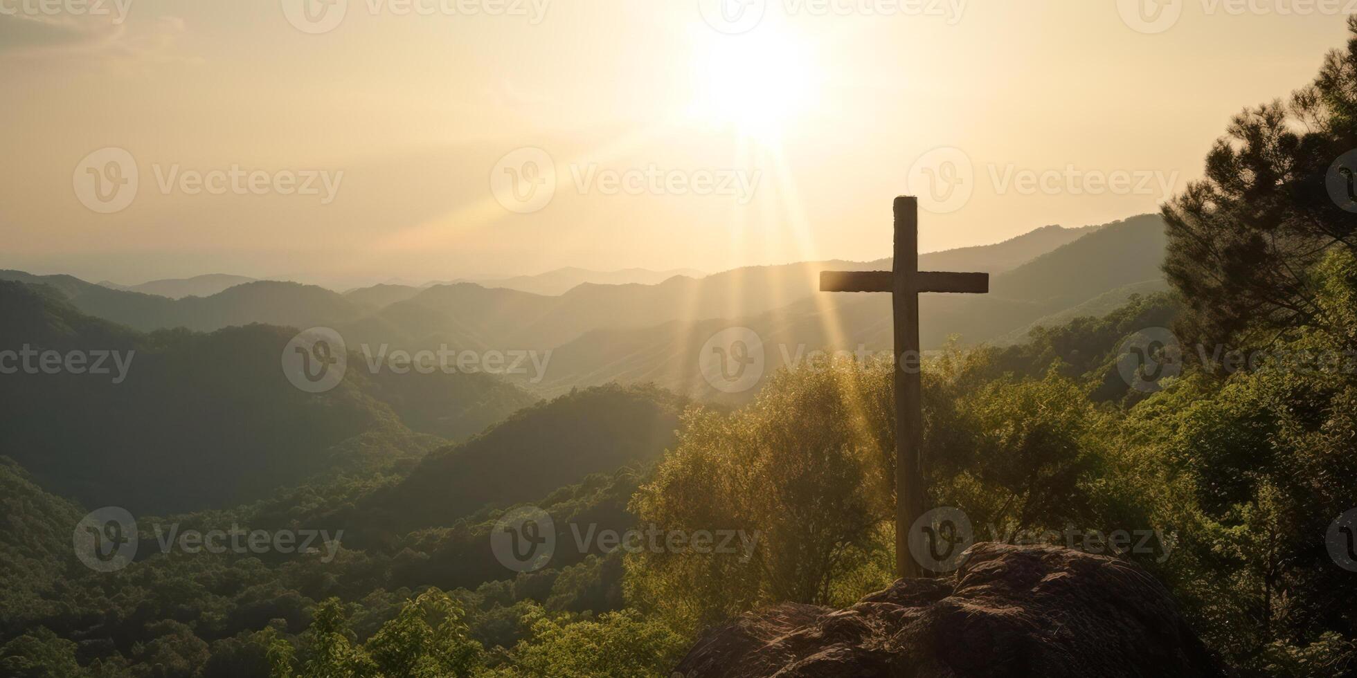 kruis Aan top van een berg in zonnig dag generatief ai foto