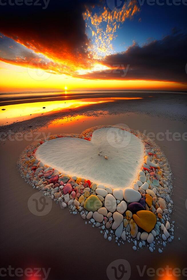 hart gemaakt van rotsen Aan een strand Bij zonsondergang. generatief ai. foto