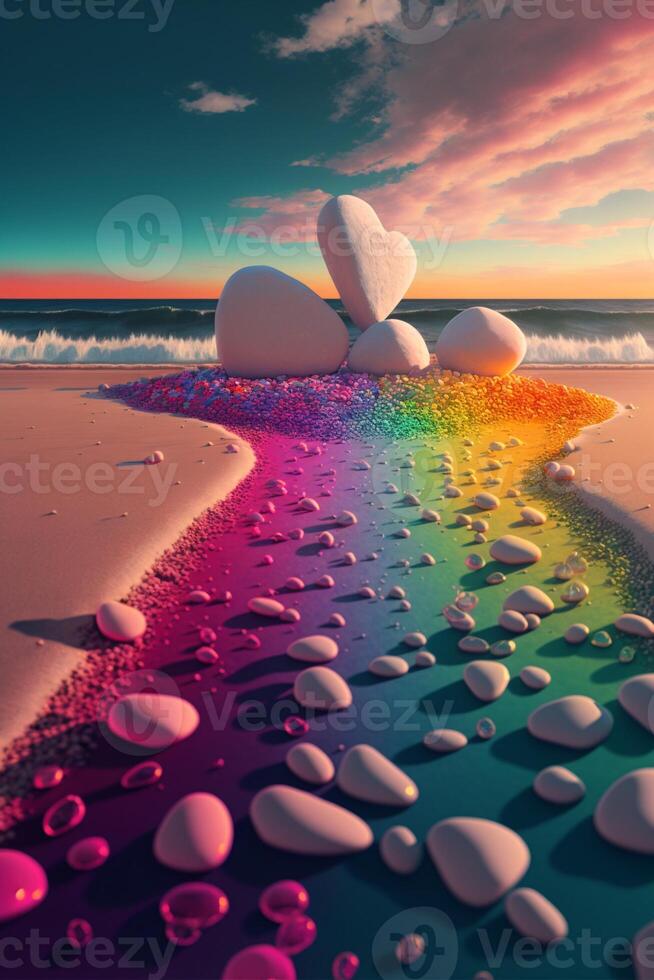 regenboog van rotsen Aan een strand Bij zonsondergang. generatief ai. foto