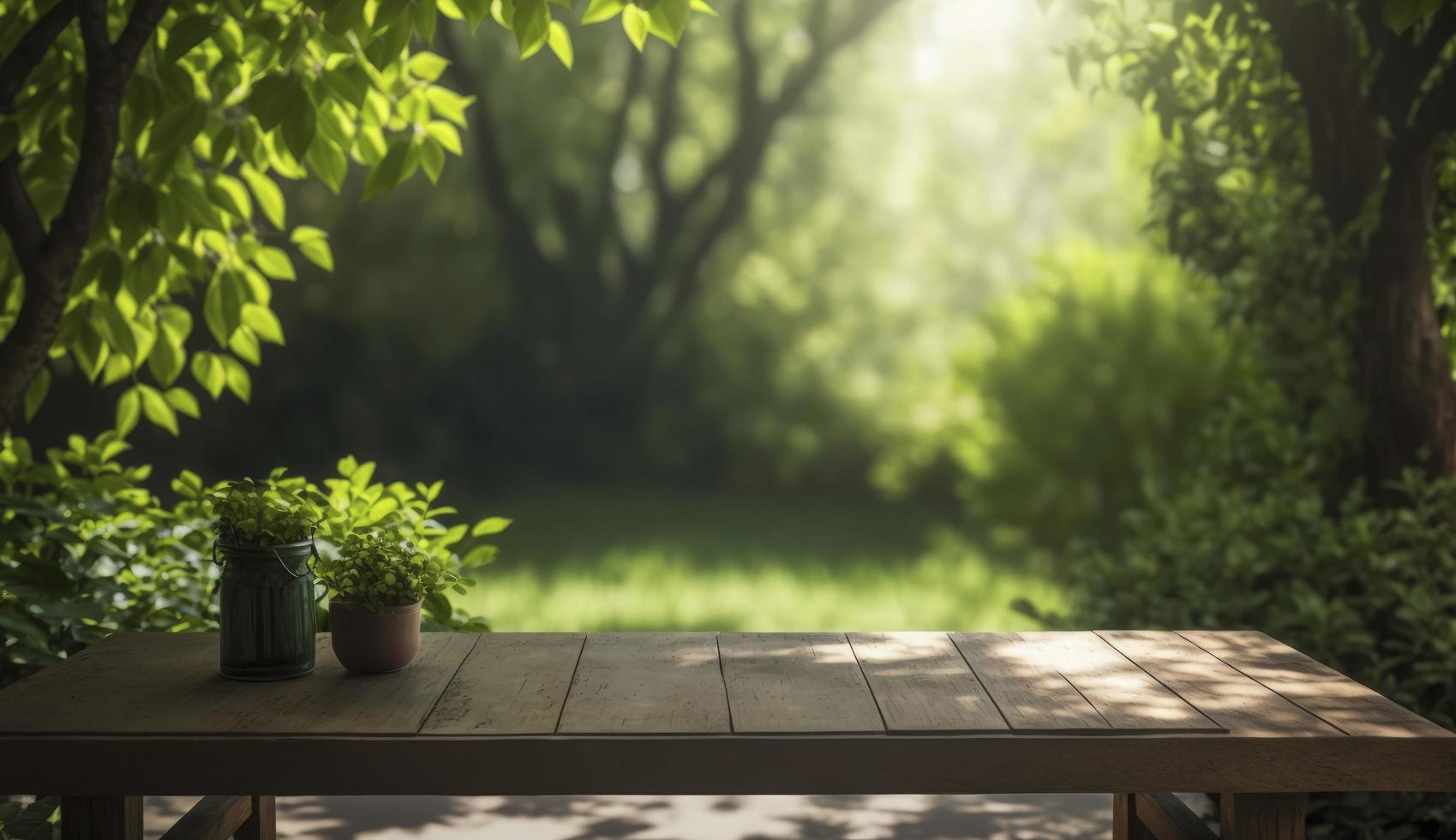 leeg houten tafel in natuurlijk groen tuin buitenshuis. Product plaatsing met zondag licht, genereren ai foto