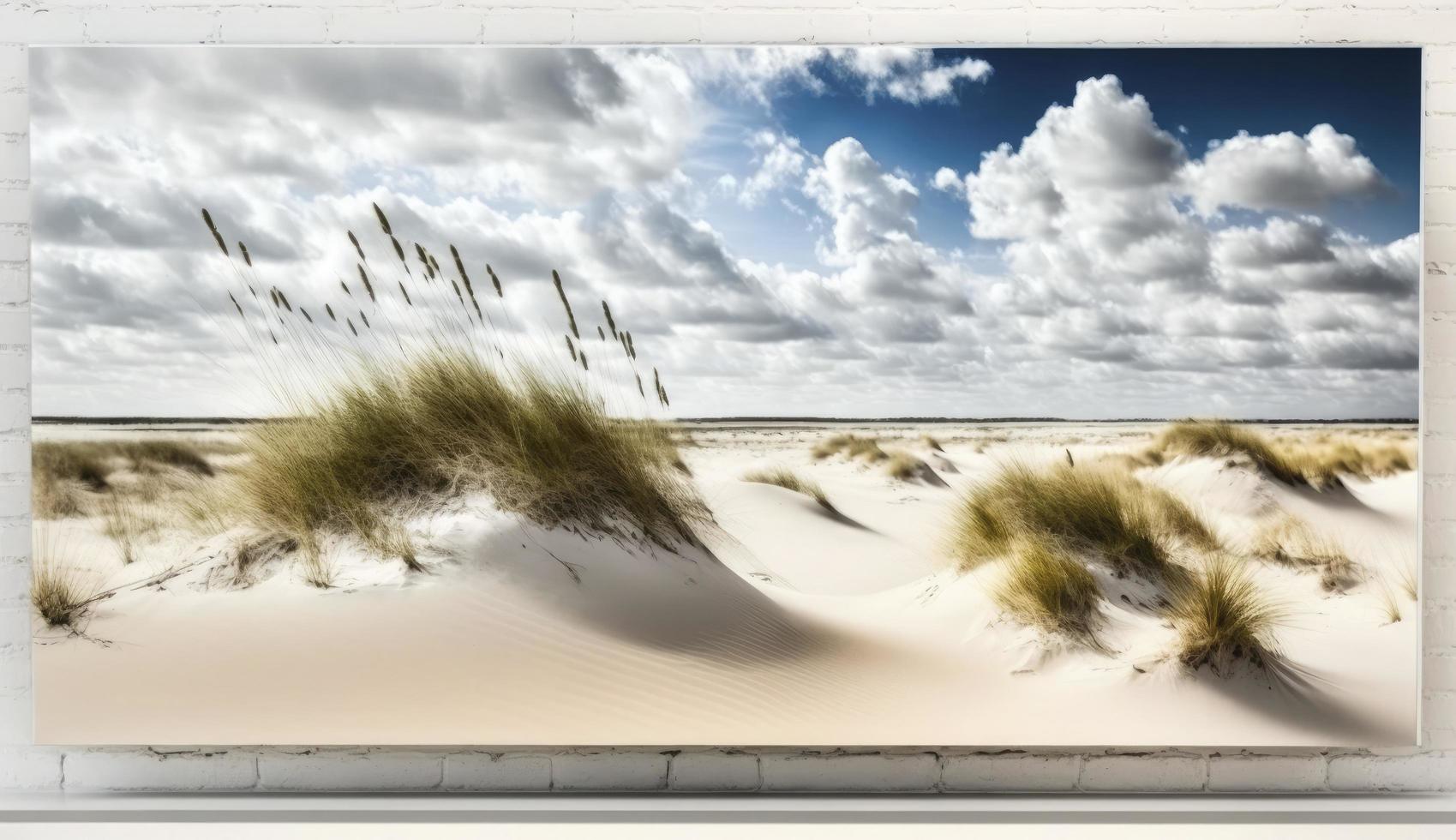 zand duinen panorama met strand gras, genereren ai foto