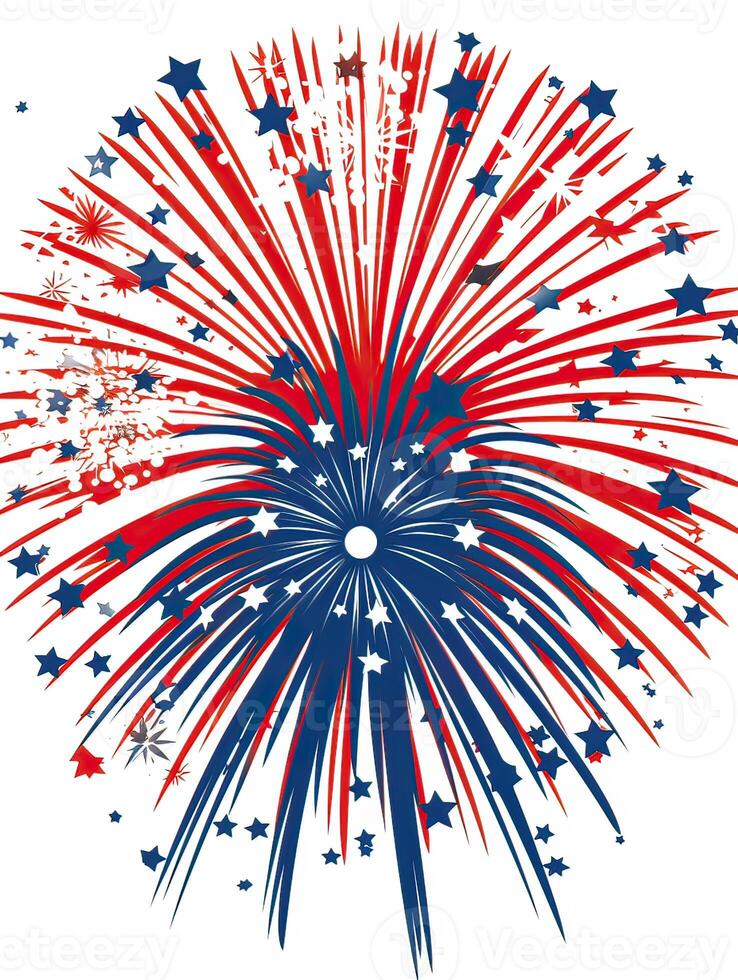 4e van juli, onafhankelijkheid dag - groet ontwerp met Verenigde Staten van Amerika patriottisch kleuren vuurwerk barsten stralen. kan worden gebruikt voor t-shirt grafiek, afdrukken. vector illustratie. generatief ai. foto