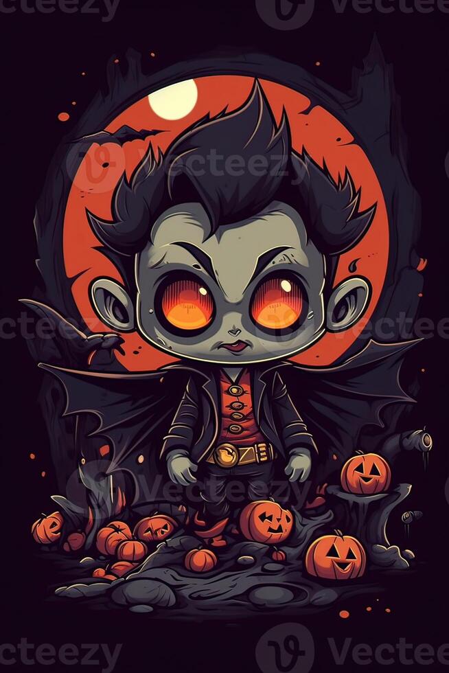 schattig tekenfilm vampier halloween. gelukkig halloween. tellen dracula vervelend zwart en rood kaap. schattig tekenfilm vampier karakter. kan worden gebruikt voor t-shirt grafiek, afdrukken. vector illustratie. generatief ai. foto