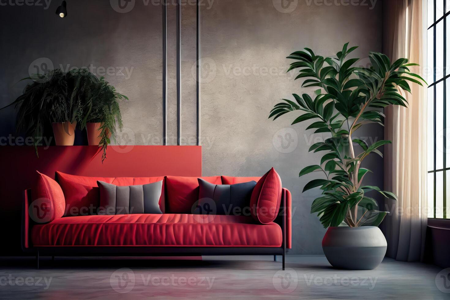 modern interieur ontwerp van appartement, leven kamer met rood sofa over- de stucwerk muur. huis interieur met fabriek . ai gegenereerd foto