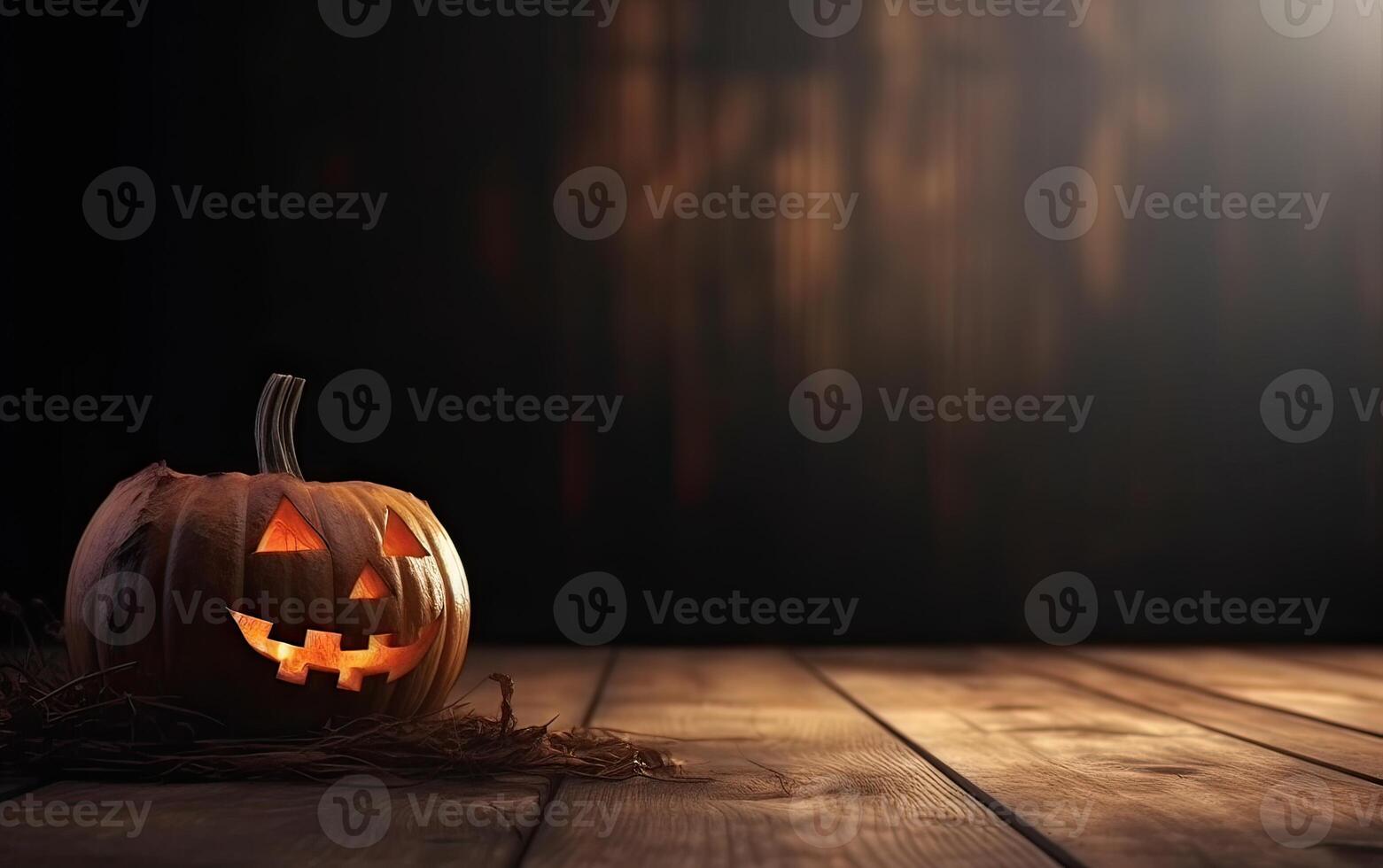 spookachtig halloween pompoen, jack O lantaarn, met een onheil gezicht en ogen Aan een houten bank, tafel met een nevelig nacht achtergrond met ruimte voor Product plaatsing. generatief ai. foto