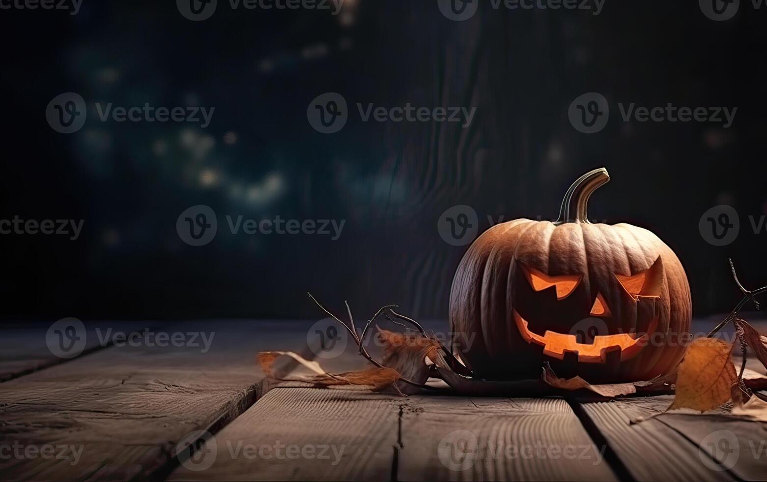 spookachtig halloween pompoen, jack O lantaarn, met een onheil gezicht en ogen Aan een houten bank, tafel met een nevelig nacht achtergrond met ruimte voor Product plaatsing. generatief ai. foto