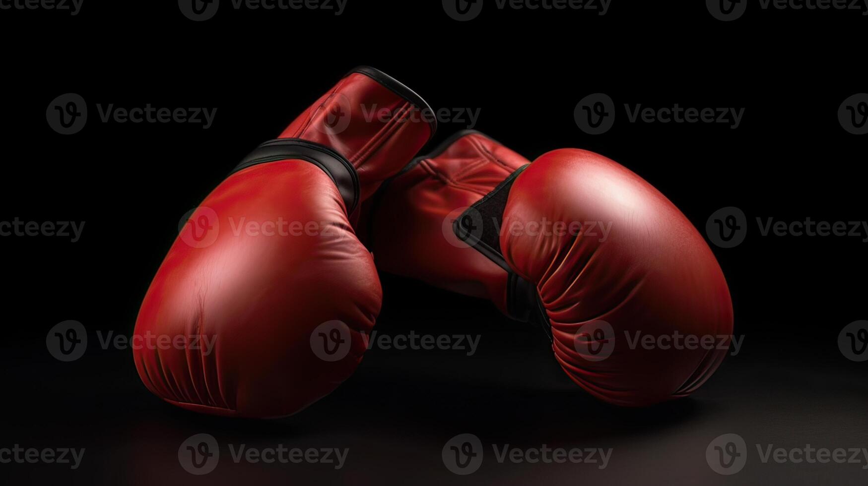 paar- van rood leer boksen handschoenen Aan zwart achtergrond. paar- van rood leer boksen handschoenen, sporten en wedstrijd concept. generatief ai. foto