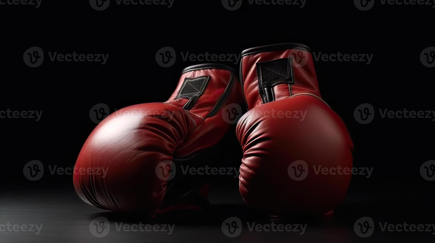 paar- van rood leer boksen handschoenen Aan zwart achtergrond. paar- van rood leer boksen handschoenen, sporten en wedstrijd concept. generatief ai. foto
