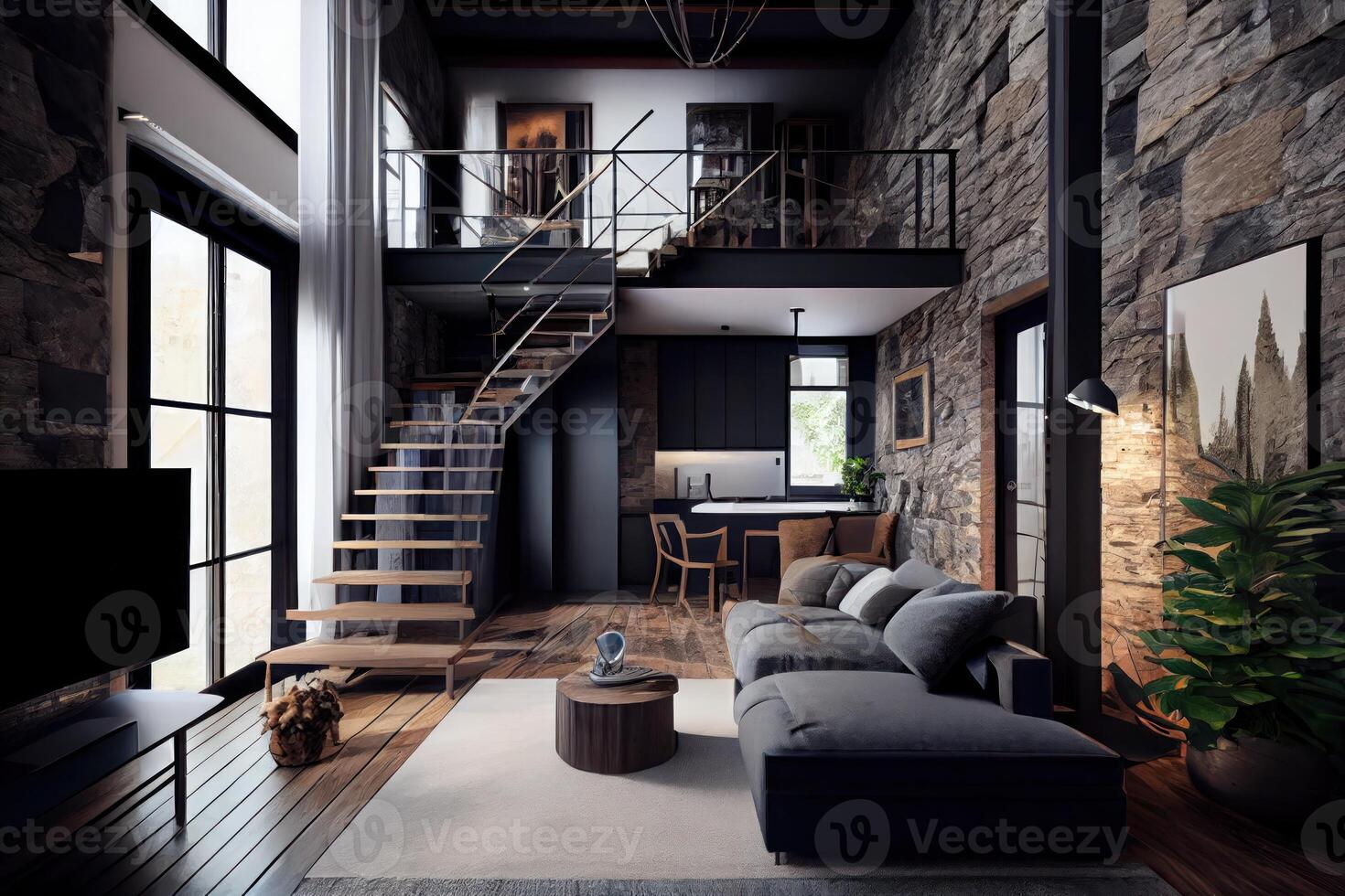 modern interieur van een leven kamer. penthouse zolder met donker steen muren . ai gegenereerd foto