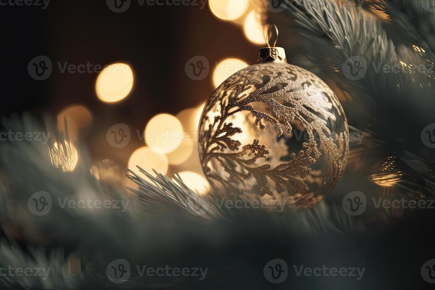 dichtbij omhoog visie van mooi Spar takken met glimmend goud snuisterij of bal, Kerstmis ornamenten en lichten, Kerstmis vakantie achtergrond. generatief ai. foto