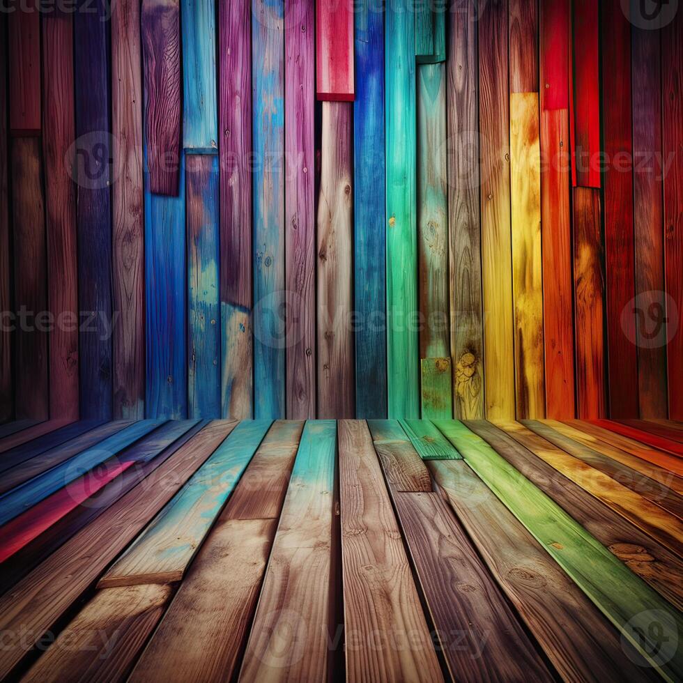 houten kleurrijk regenboog achtergrond gemaakt van houten planken met kopiëren ruimte voor tekst. generatief ai. foto