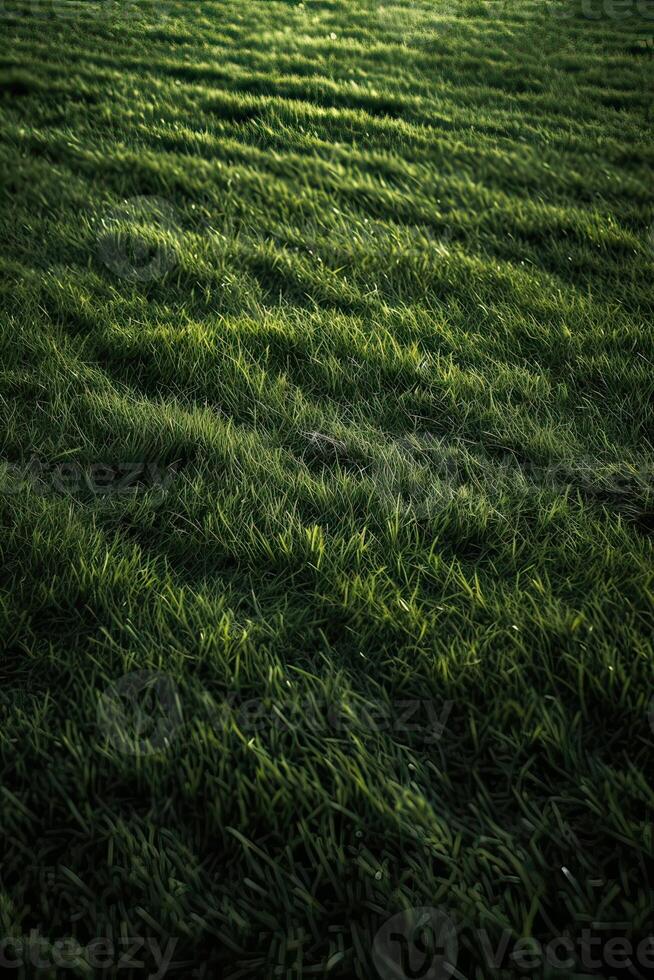 veld- van vers groen gras structuur net zo een achtergrond, top dichtbij omhoog visie. generatief ai. foto