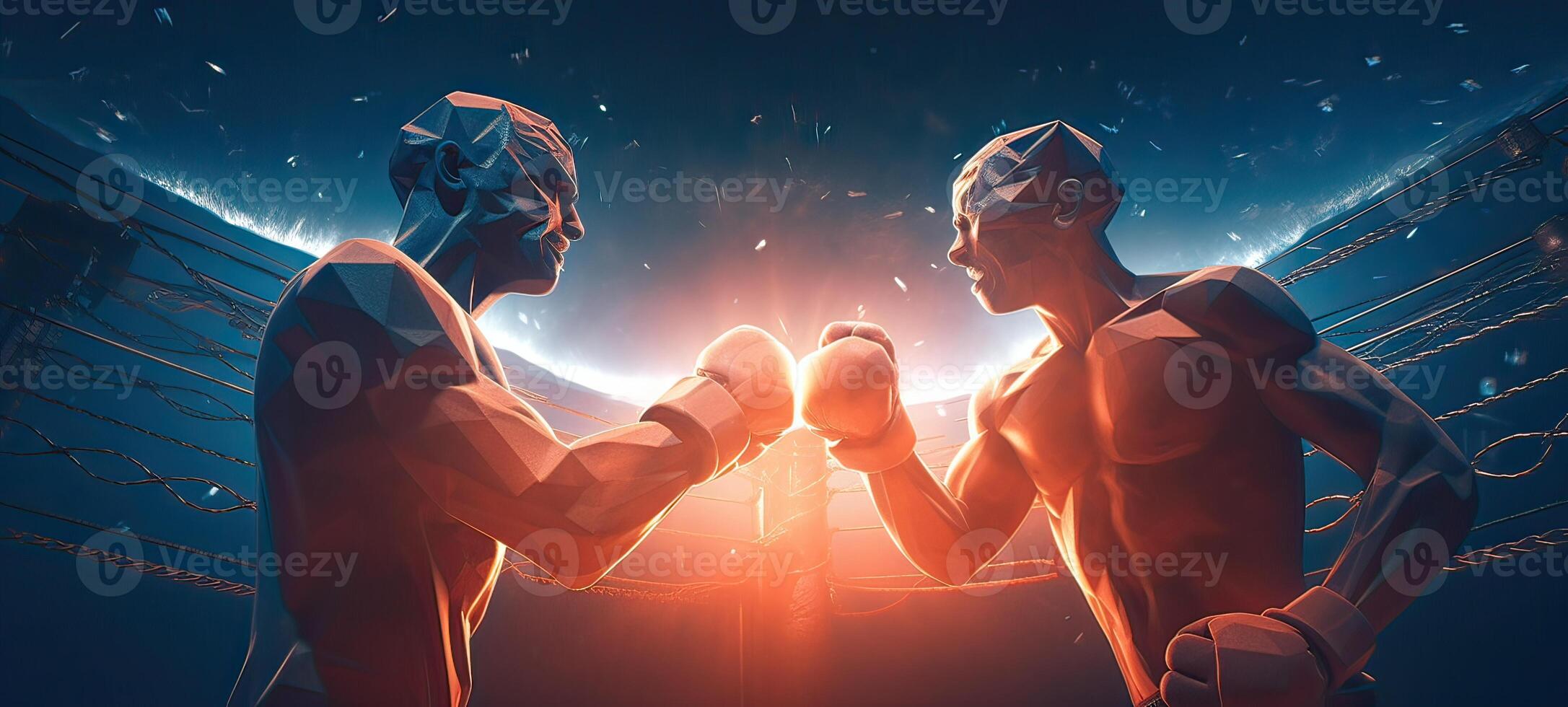 illustratie van twee professioneel bokser boksen Aan zwart rokerig achtergrond. generatief ai. foto