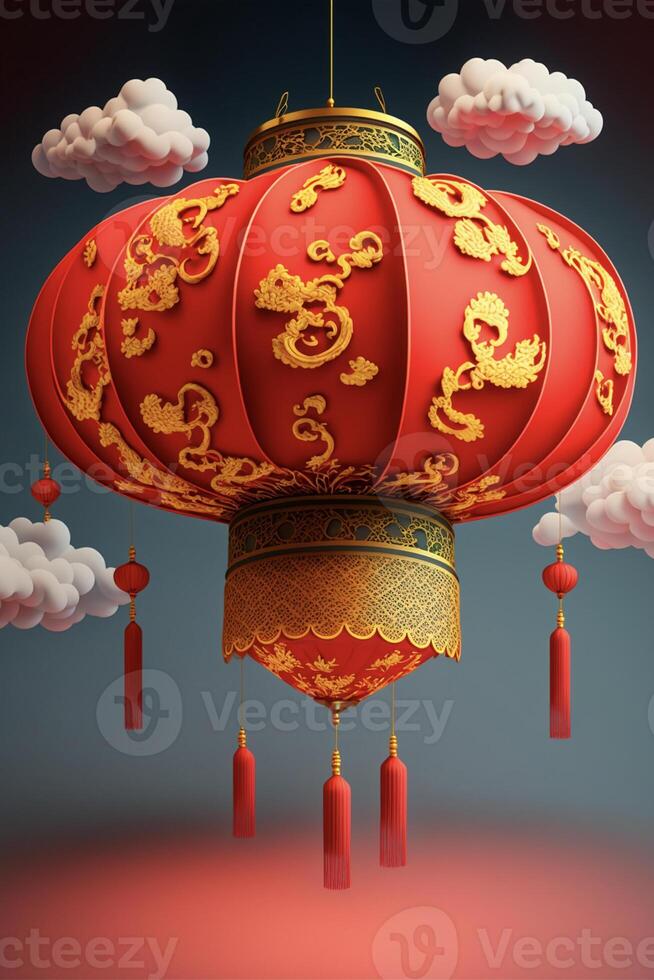 rood en goud Chinese lantaarn met wolken in de achtergrond. generatief ai. foto
