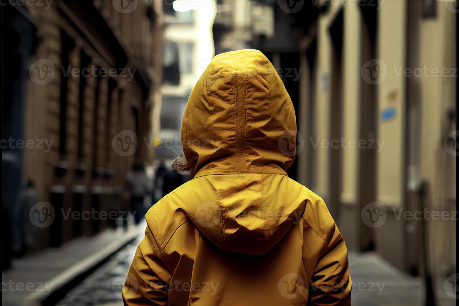 persoon in een geel jasje wandelen naar beneden een straat. generatief ai. foto