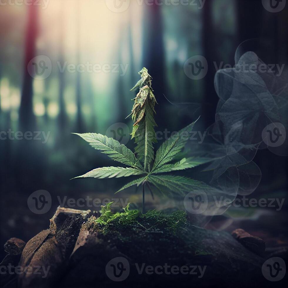 marihuana blad zittend Aan top van een mos gedekt steen. generatief ai. foto